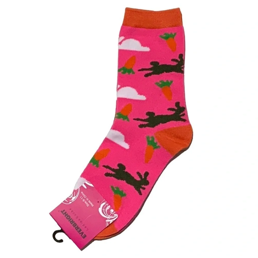 Everbright Easter Socks Women’s Bunny Carrots Novelty Print 9-11 Pink Multicolor